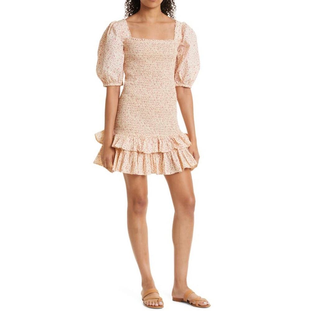 By‎ TiMo Smocked Dress Large Cream Pink Floral Ruffle Cottage Coquette Feminine